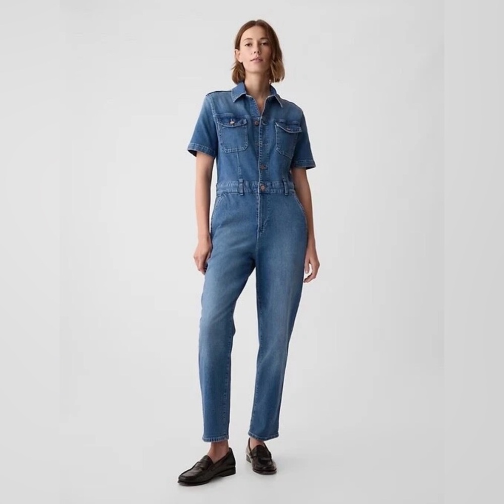GAP Denim Jumpsuit Short Sleeve Button Front Utility One Piece